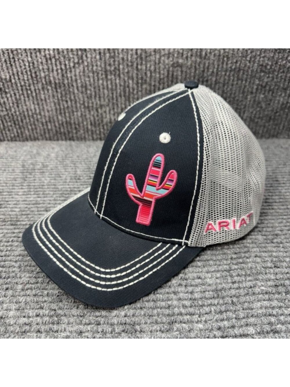 Ariat Trucker Hat Cap Cactus Thick Stitch Black Pink Mesh Back Cowgirl Western